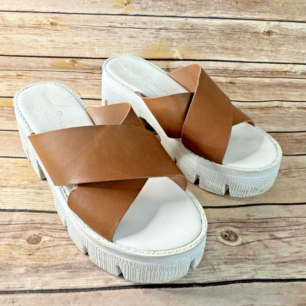 Chinese Laundry Womens Cognac Brown & White Lock Down Platform Sandals 9.5